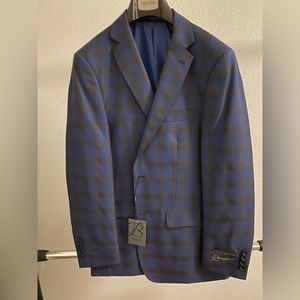 NWT BertoLini Mens Suit Jacket 40R Blue and Brown Plaid